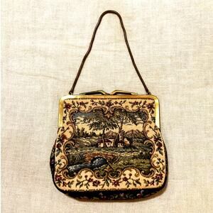 1950s Petit Point Tapestry Purse | West Germany | Gold Snake Chain